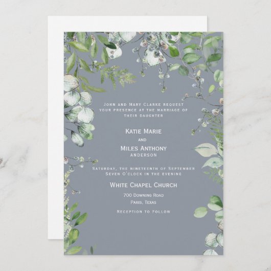 Modern Dusty Blue Eucalyptus Wedding Kaart (Voorkant / Achterkant)