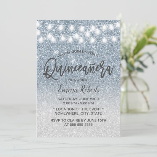 Modern Dusty Blue Faux Glitter Quinceanera 15 Kaart (Staand voorkant)