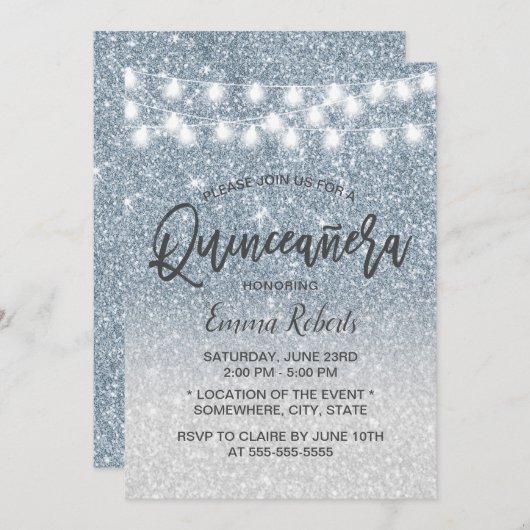 Modern Dusty Blue Faux Glitter Quinceanera 15 Kaart (Voorkant / Achterkant)