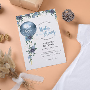 Modern Dusty Blue Floral Balloon Boy Baby shower Kaart