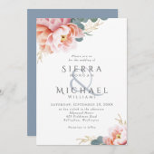 Modern Dusty Blue Floral Blush Roze Peach Bruiloft Kaart (Voorkant / Achterkant)