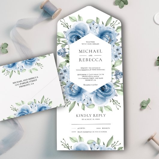 Modern Dusty Blue Floral Bouquet Greenery Wedding All In One Uitnodiging