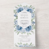 Modern Dusty Blue Floral Bouquet Greenery Wedding All In One Uitnodiging (Binnen)
