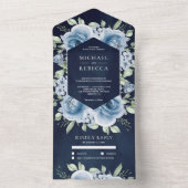 Modern Dusty Blue Floral Bouquet Navy Blue Wedding All In One Uitnodiging (Binnen)