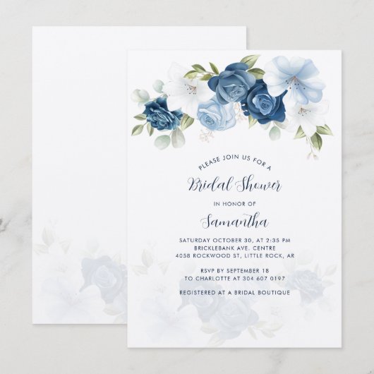 Modern Dusty Blue Floral Bridal Shower Notitiekaartje (Voorkant / Achterkant)