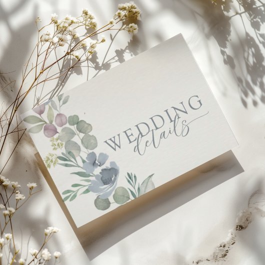 Modern Dusty Blue Floral Details Wedding  Informatiekaartje