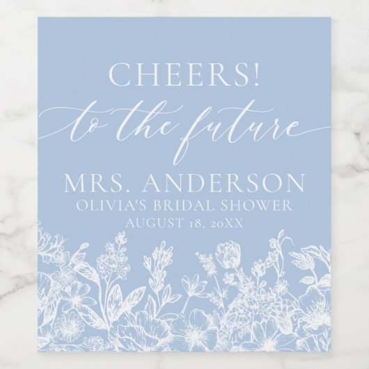 Modern Dusty Blue Floral Future Mrs Vrijgezellenfe Wijn Etiket (Enkel label)
