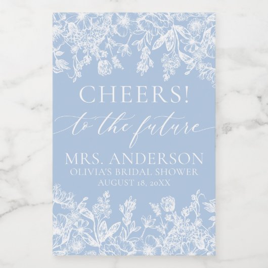 Modern Dusty Blue Floral Future Mrs Vrijgezellenfe Wijn Etiket (Enkel label)