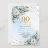 Modern Dusty Blue Floral Gold 90th Birthday Card Kaart (Voorkant)