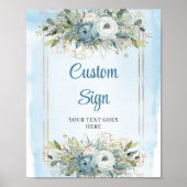 Modern Dusty Blue Floral Gold Glitter Wedding Sign Poster (Voorkant)