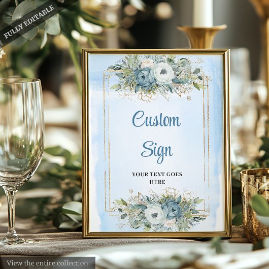 Modern Dusty Blue Floral Gold Glitter Wedding Sign Poster