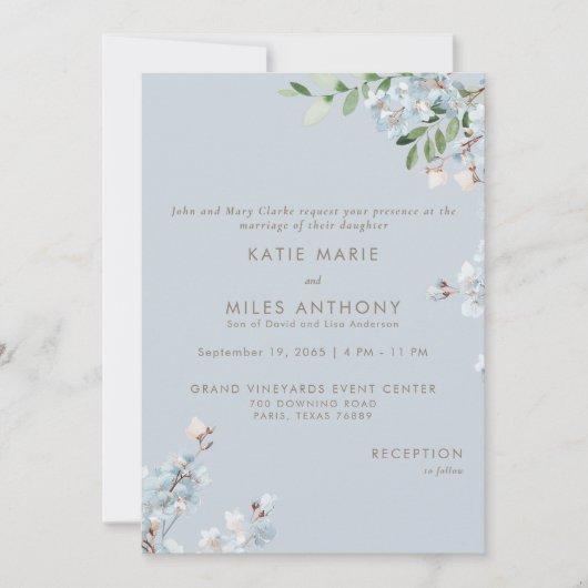 Modern Dusty Blue Floral Greenery Wedding  Kaart (Voorkant)