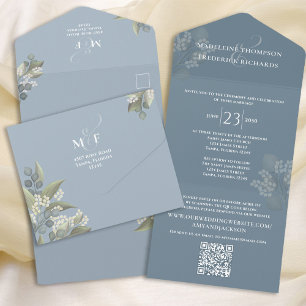 Modern Dusty Blue Floral Minimalist QR Code RSVP All In One Uitnodiging