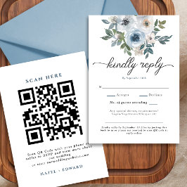Modern Dusty Blue Floral QR Code Wedding RSVP Kaar Kaartje