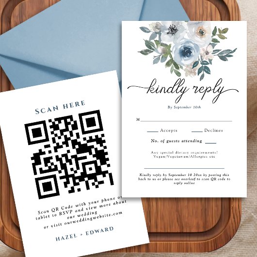 Modern Dusty Blue Floral QR Code Wedding RSVP Kaar Kaartje
