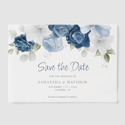 Modern Dusty Blue Floral Save the Date Vellum Uitnodigingen (Voorkant)