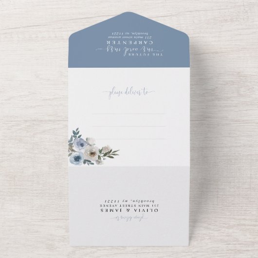 Modern Dusty Blue Floral Waterverf Rustic Wedding All In One Uitnodiging (Buitenkant)