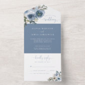 Modern Dusty Blue Floral Waterverf Rustic Wedding All In One Uitnodiging (Binnen)