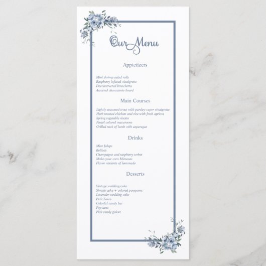 Modern Dusty Blue Floral Wedding Dinner Menu (Voorkant)