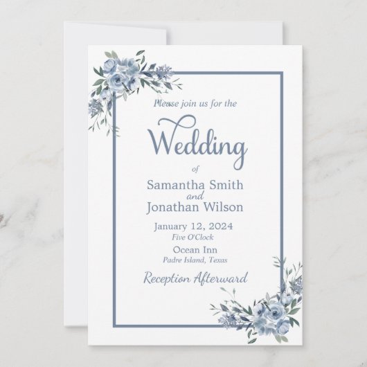 Modern Dusty Blue Floral Wedding Kaart (Voorkant)