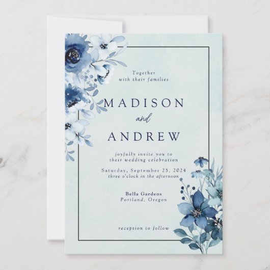 Modern Dusty Blue Floral Wedding Kaart (Voorkant)