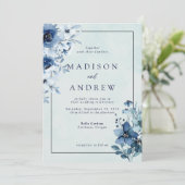 Modern Dusty Blue Floral Wedding Kaart (Staand voorkant)
