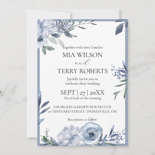 Modern Dusty Blue Floral Wedding Kaart (Voorkant)
