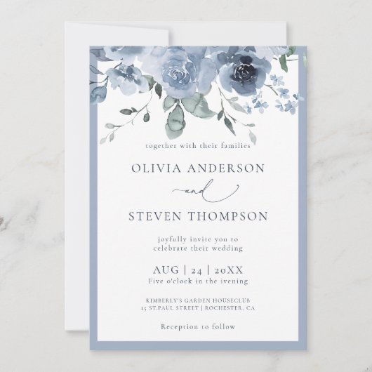 Modern Dusty Blue Floral Wedding Kaart (Voorkant)