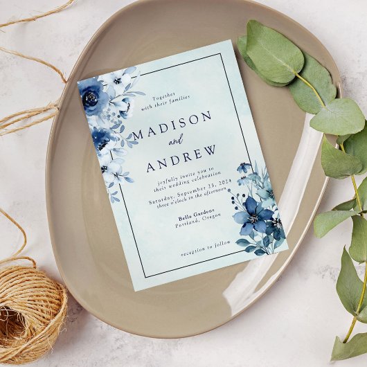 Modern Dusty Blue Floral Wedding Kaart