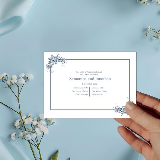 Modern Dusty Blue Floral Wedding Rehearsal Kaart