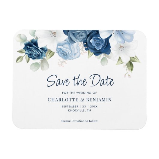 Modern Dusty Blue Floral Wedding Save the Date Magneet (Horizontaal)