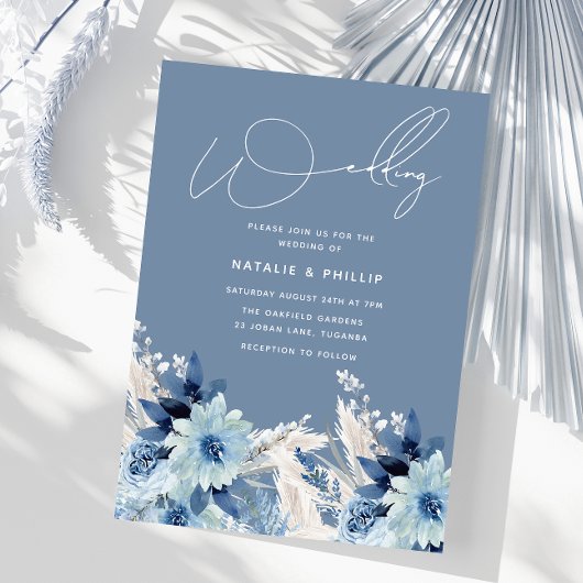 Modern Dusty Blue Flowers Beauely Wedding Kaart