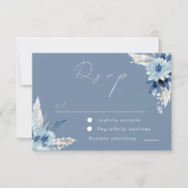 Modern Dusty Blue Flowers Beauely Wedding RSVP Kaartje