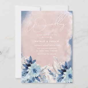Modern Dusty Blue Flowers Blush Weddenschap Kaart