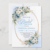 Modern Dusty Blue Flowers Gold Frame Bridal Shower Kaart (Voorkant)