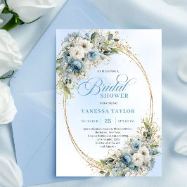 Modern Dusty Blue Flowers Gold Frame Bridal Shower Kaart