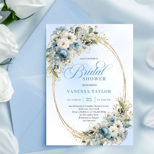 Modern Dusty Blue Flowers Gold Frame Bridal Shower Kaart