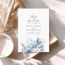 Modern Dusty Blue Flowers Save the Date Kaart