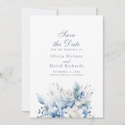 Modern Dusty Blue Flowers Save the Date Kaart (Voorkant)