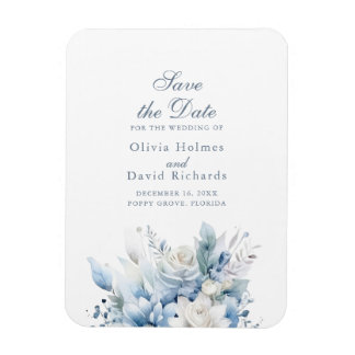 Modern Dusty Blue Flowers Save the Date Kaart Magneet