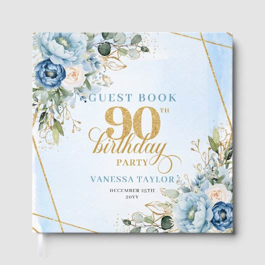 Modern Dusty Blue Flowers Script 90th Birthday Gastenboek (Voorkant)