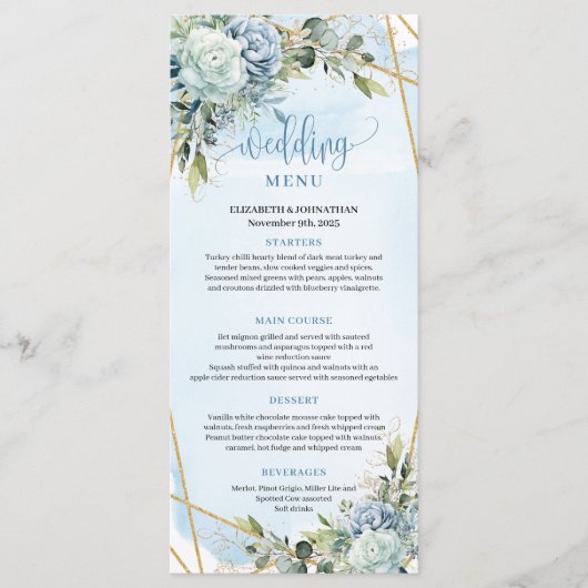 Modern Dusty Blue Flowers White Gold Wedding Menu (Voorkant)