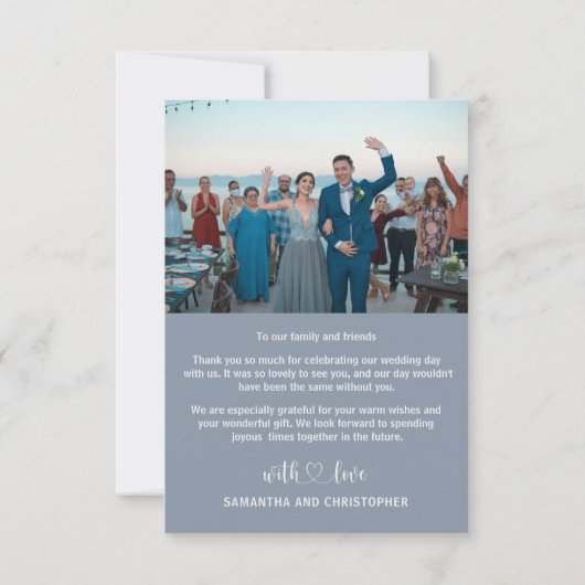 Modern Dusty Blue & Foto Dank u Bruiloft Bedankkaart (Achterkant)