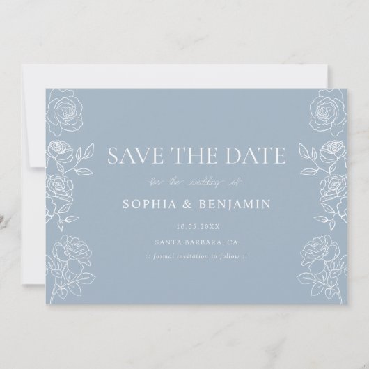 Modern Dusty Blue Franse Rozen bruiloft Save The Date (Voorkant)
