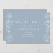 Modern Dusty Blue Franse Rozen bruiloft Save The Date (Voorkant / Achterkant)