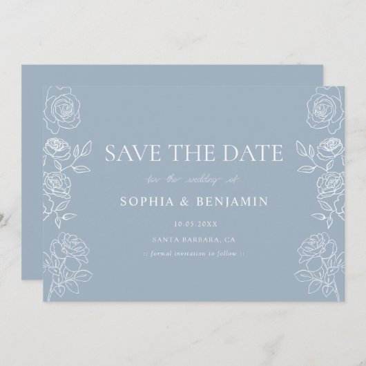 Modern Dusty Blue Franse Rozen bruiloft Save The Date (Voorkant / Achterkant)