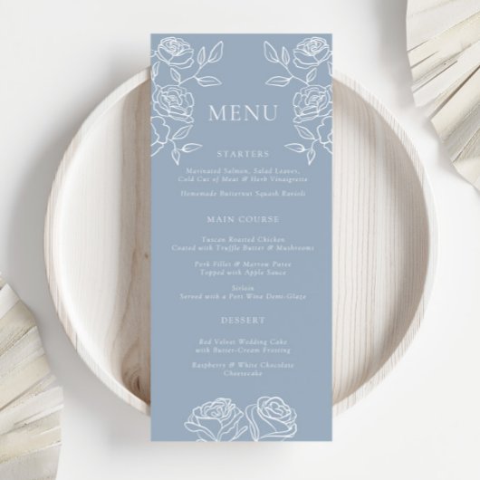 Modern Dusty Blue Franse Rozen Wedding Menu