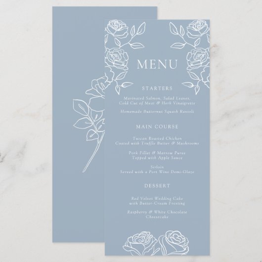 Modern Dusty Blue Franse Rozen Wedding Menu (Voorkant / Achterkant)
