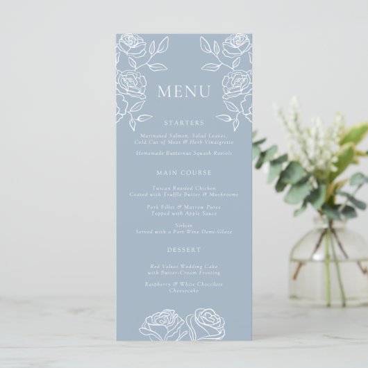 Modern Dusty Blue Franse Rozen Wedding Menu (Staand voorkant)