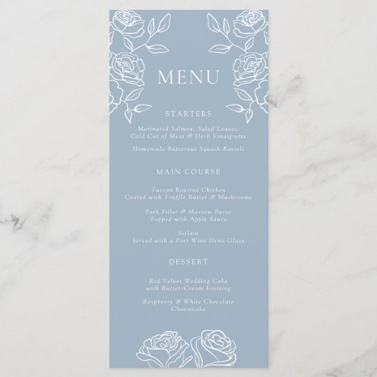 Modern Dusty Blue Franse Rozen Wedding Menu (Voorkant)